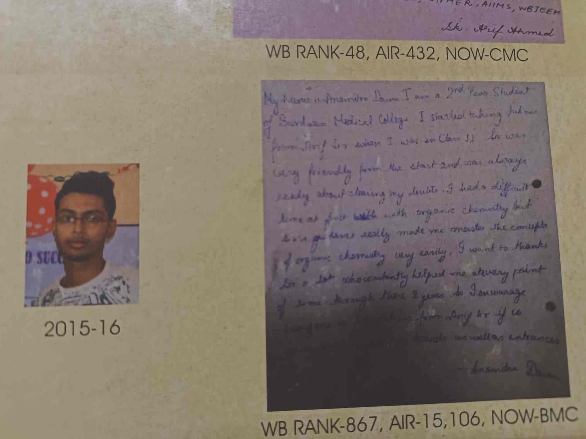 Student appreciation letter beside a medical pathway outcome board in the public gallery